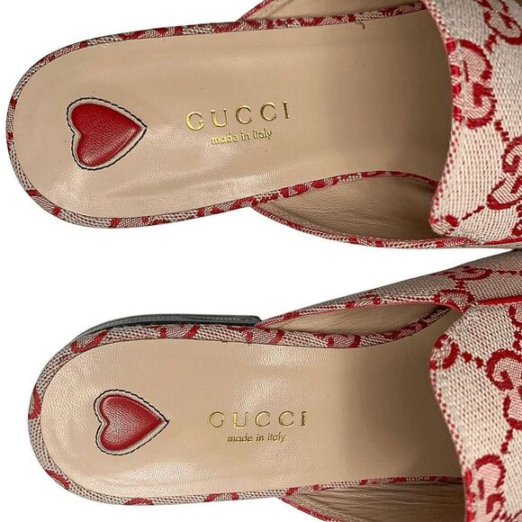 Gucci Princetown Horsebit Mule EU 37.5 US 7.5 Red GG Monogram Canvas Loafer Flat - Picture 9 of 12